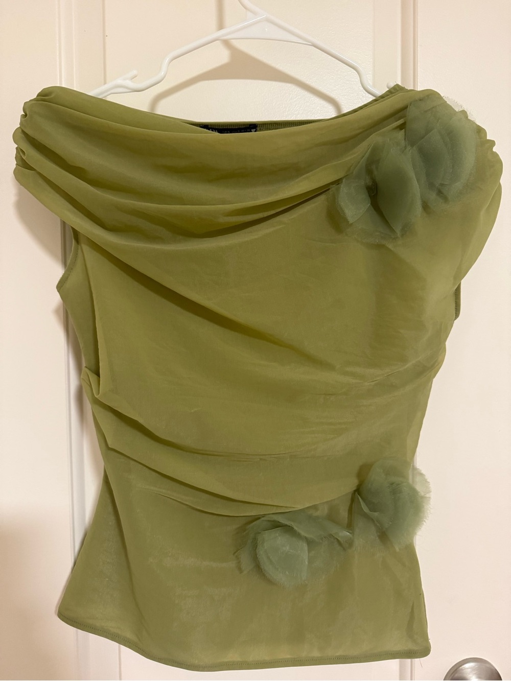 Zara Green Sheer Draped Floral Applique Blouse